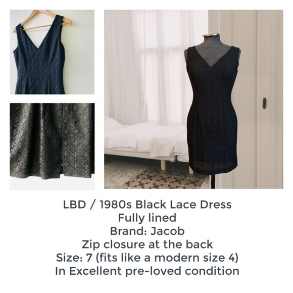1980s Jacob Black Cocktail Lace Dress, Size 4 - Picture 4 of 11